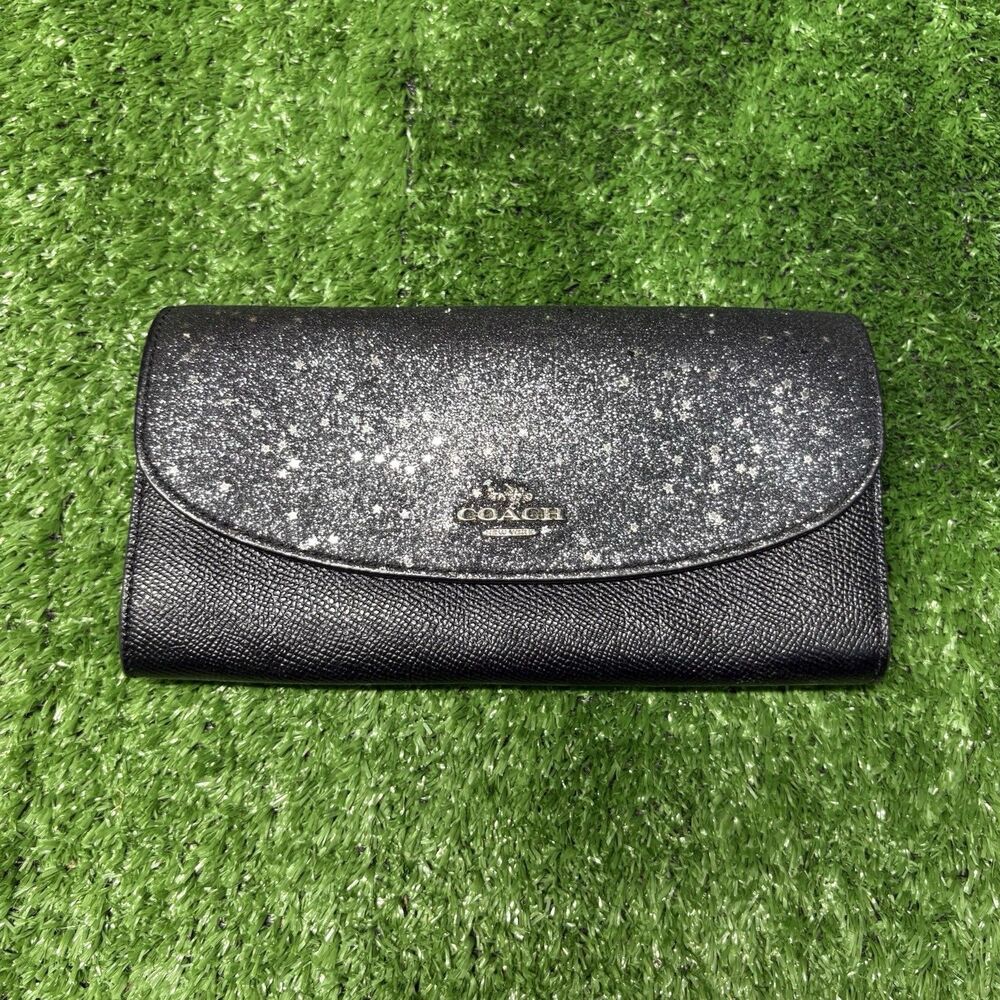 Coach Black Glitter Envelope Wallet Women's with Logo & Zipper Accents F38692